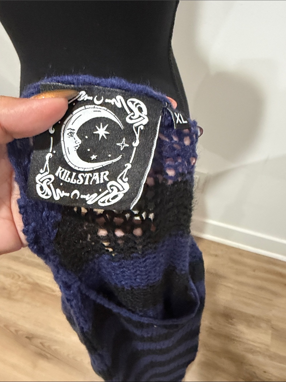 Killstar Blue and Black Distressed Open-Knit Off-Shoulder Sweater - Picture 4 of 4